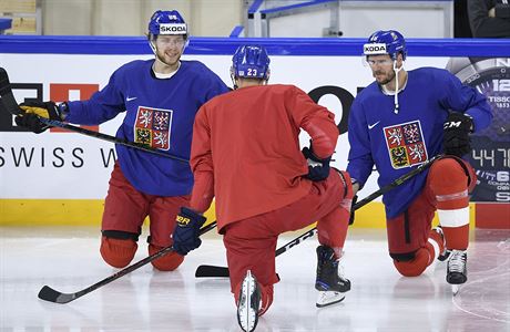 Zleva tonci David Pastrk, Dmitrij Jakin a David Krej pi rozbruslen...