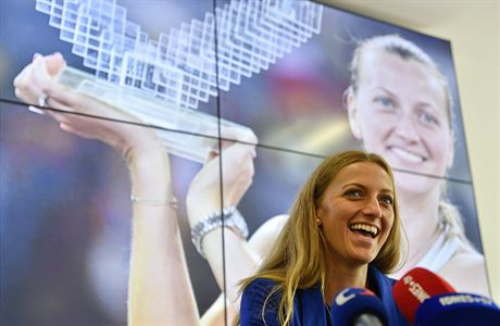 Tenistka Petra Kvitov na tiskovce po triumfu v Madridu.