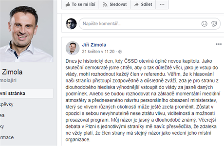 Prvn mstopedseda SSD Ji Zimola se na Facebooku vyjaduje k referendu.