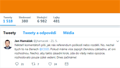 Pedseda SSD Jan Hamáek na Twitteru glosuje stranické referendum