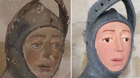 Pvodní a nová podoba zrestaurované sochy svatého Jií.