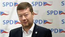 Pedseda SPD Tomio Okamura vystoupil 26. ervna 2018 v Praze na tiskov...