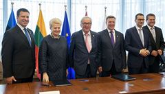 Zleva: estonský premiér Juri Ratas, litevská prezidentka Dalia Grybauskaiteová,...