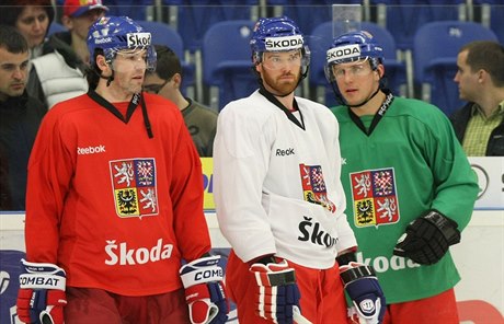 Zleva: Jaromír Jágr, Martin Havlát a Petr Vampola.