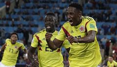 MS ve fotbale 2018, Kolumbie vs. Anglie: Yerry Mina slaví gól v anglické síti.