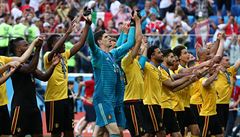 Hrái Belgie slaví zisk bronzové medaile z mistrovství svta v Rusku s fanouky