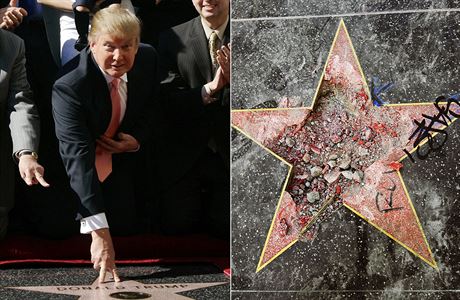 Donald Trump pi ceremoniálu na chodníku slávy. (Vlevo) Trumpova hvzda zniená...
