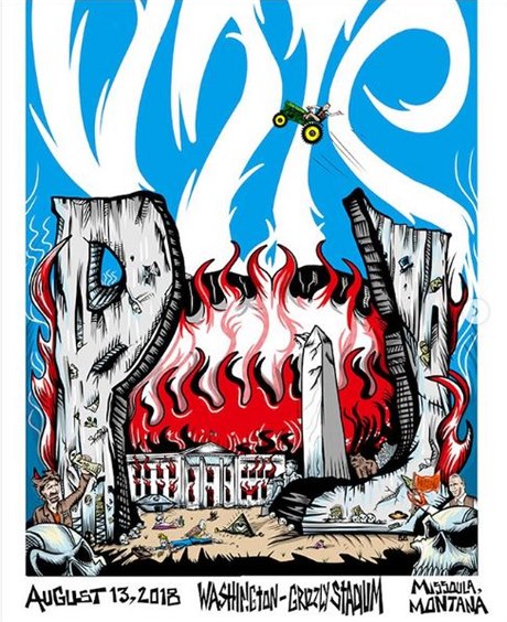 Karikatura hořícího Bílého domu na plakátu  americké rokové skupiny Pearl Jam...