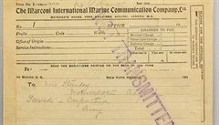Pravdpodobn jediný dochovaný telegram odeslaný z lod Carpathia od zachránné...