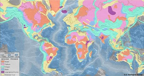 Svtové geologické provincie; oranov jsou vyznaeny títy.