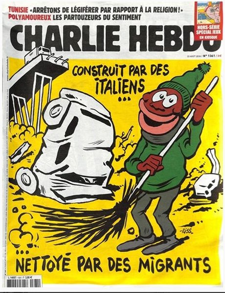 Obálka satirického týdeníku Charlie Hebdo. Karikatura se vyjadřuje k srpnovému...