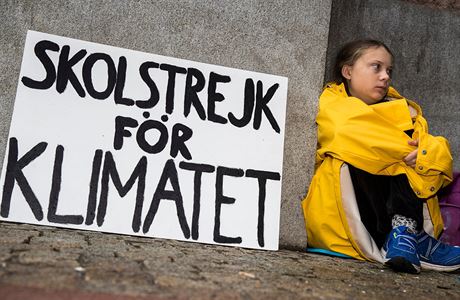 Greta Thunbergová protestuje ped budovou védského parlamentu.