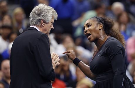 Serena Williamsov mluv s rozhodm Brianem Earleyem bhem enskho finle US...