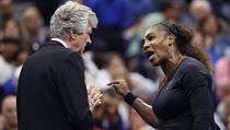 Serena Williamsová mluví s rozhodčím Brianem Earleyem během ženského finále US...