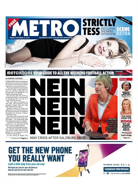 Titulní strana deníku Metro.