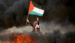 Za Palestinu. ena s palestinskou vlajkou uprosted protestu.