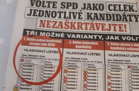 Návod pro volie SPD na jednom z pedvolebních materiál.