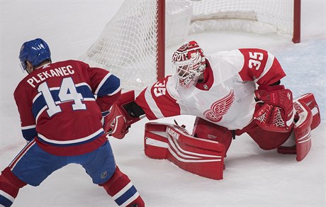 Úto�ník Tomá� Plekanec v pond�lním duelu proti Detroitu jako jedenáctý �eský...