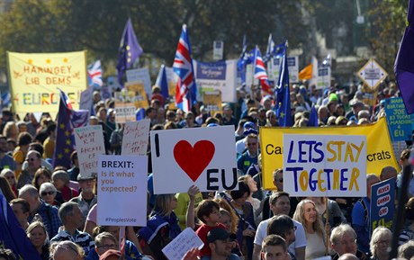 Lidé v Londýn protestovali proti Brexitu.