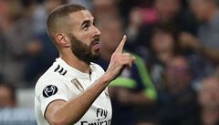 Liga mistr Real vs. Plze: Karim Benzema slaví gól.