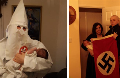 Adam Thomas (vlevo) v hábitu Ku Klux Klanu se svým synem, napravo se svou...