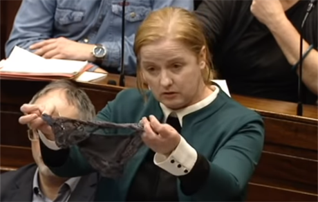 Poslankyn Ruth Coppingerová ukazuje na protest proti postupu soudu v dolní...