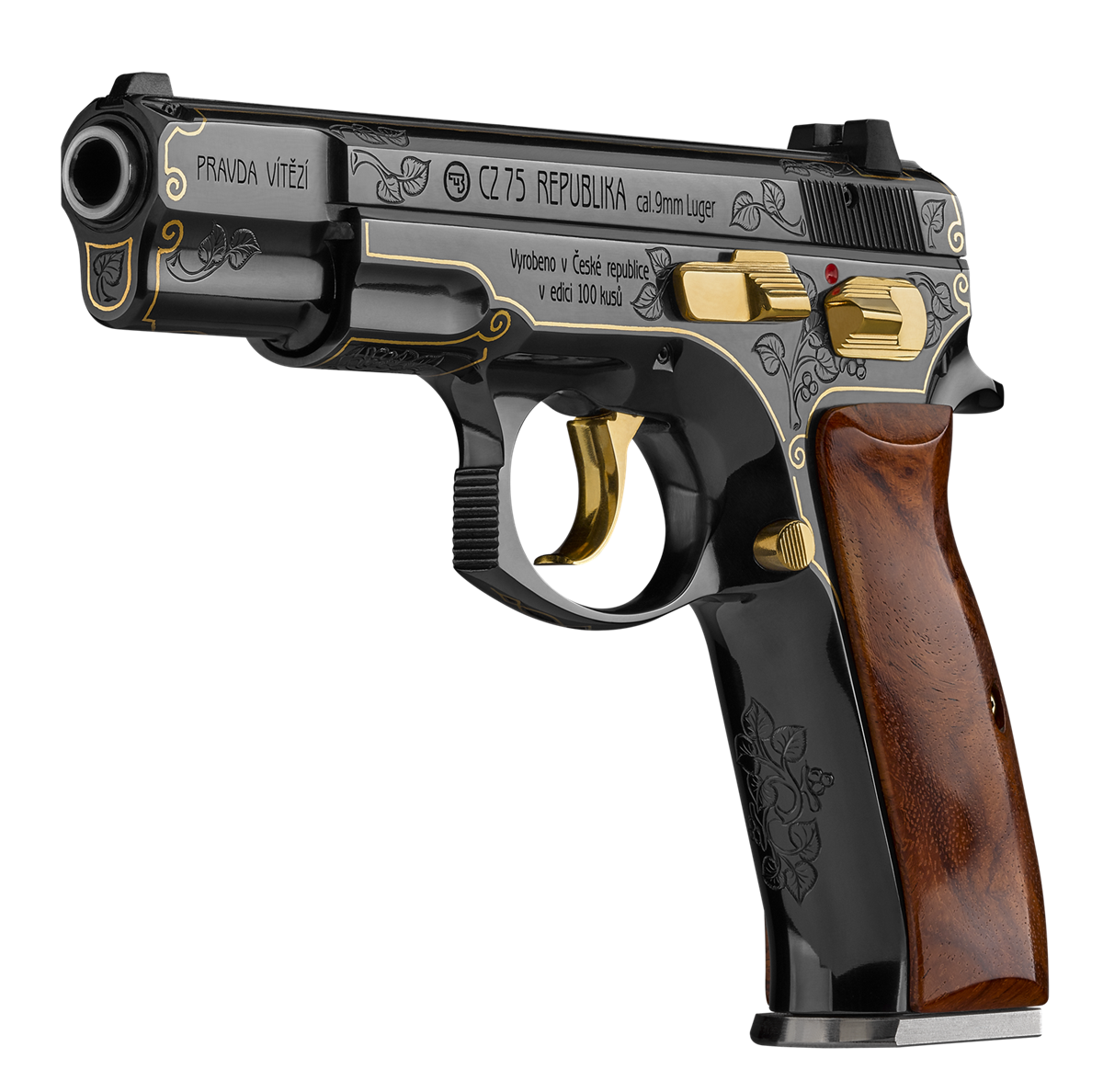 Na levé stran� jsou s vyu�itím retrofontu vyhotoveny popisy CZ 75 REPUBLIKA a...