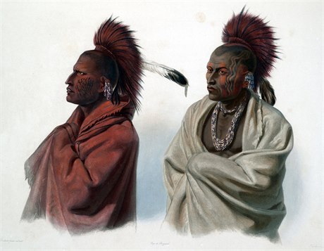 Indiáni Sakí a Musquakí s upravenými hlavami na obraze Karla Bodmera (19....