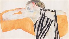 Reclining Nude Girl in Striped Smock/ Egon Schiele (1911)