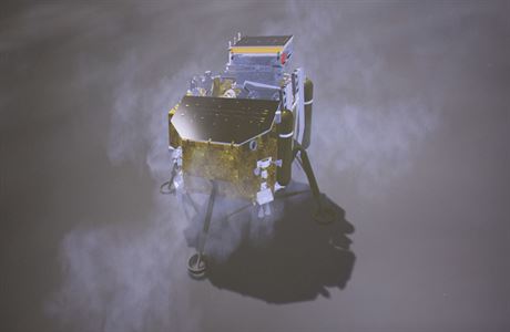 Snímek ínské vesmírné agentury ukazující simulované dosednutí sondy na povrch...