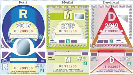 Dálniční známky pro rok 2019.