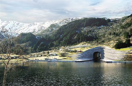 Vizualizace tunelu pro lod, který by mli v Norsku postavit do roku 2023.