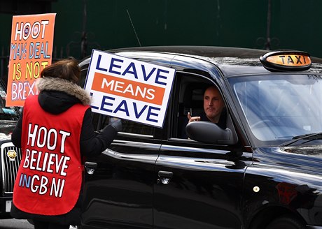 ena, podporující brexit mluví s idiem taxi ped budovou britského parlamentu...