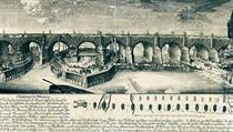 Oprava Karlova mostu na Salzerov rytin z roku 1784 s pdorysnm zachycenm...