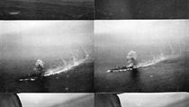 Sekvence šesti snímků pořízených v okamžiku exploze pum na palubě Alsteruferu....