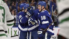 Tampa Bay Lightning's Nikita Kucherov (86), of Russia, congratulates Steven...