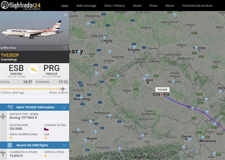 Jediné letadlo Boeing 737 MaX 8 ve stedu odpoledne na map serveru Flight...