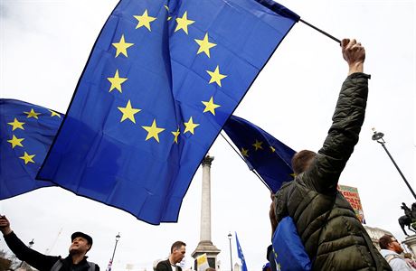Demonstranti - nkte v pestrch kostmech a mnoz s vlajkami EU - se seli u...