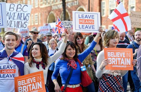 Probrexitoví demonstranti v Londýn bhem tetího hlasování o brexitu