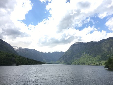 Celkový pohled na Bohinjské jezero, Slovinsko.