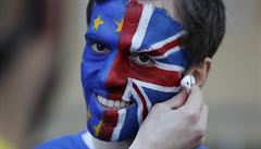 Aktivista s pomalovaným obliejem protestuje proti brexitu.