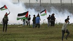 Protestující mávají vlajkami Palestiny.