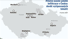 Mapa lokalit vhodných pro pilotní projekty infiltrace vody z povrchu pod zem....