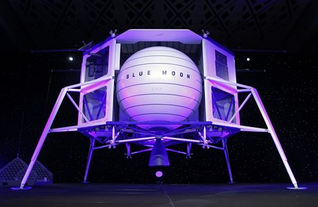 A model of Blue Origin's Blue Moon lunar lander sits onstage following an event...