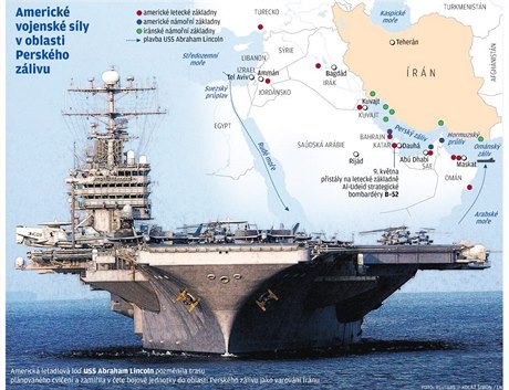 Americké vojenské síly v oblasti Perského zálivu. (Grafika LN, 18. kvtna 2019)