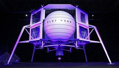 A model of Blue Origin's Blue Moon lunar lander sits onstage following an event...