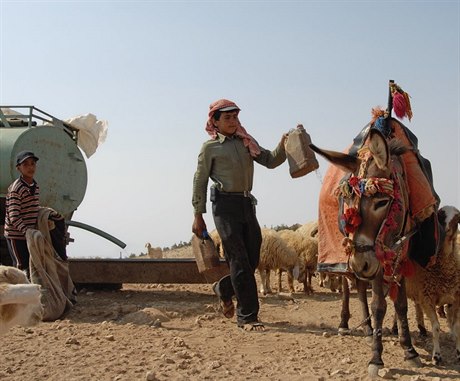 Jordánští pastevci si odvážejí vodu od cisterny, kterou jim úřady přistavily v...