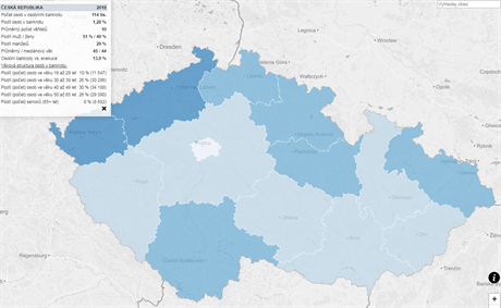 Mapa zobrazující míru bankrot v jednotlivých krajích R.