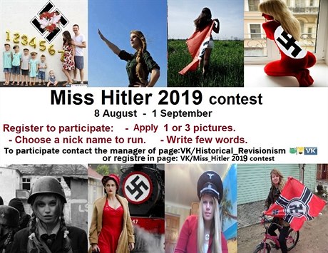 Plakát vyzývající dívky v účasti na soutěži Miss Hitler na síti Vkontakte