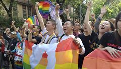 Same-sex marriage supporters cheer outside the Legislative Yuan Friday, May 17,...